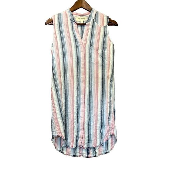 Cloth & Stone Sleeveless Striped Shirt Dress Frayed Hem Casual Comfy size xsmall - Picture 2 of 11